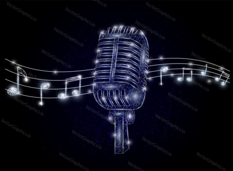 Microphone and music notes low poly wireframe mesh made of points, lines and shapes. Vector polygonal art style illustration. Musical poster banner template.