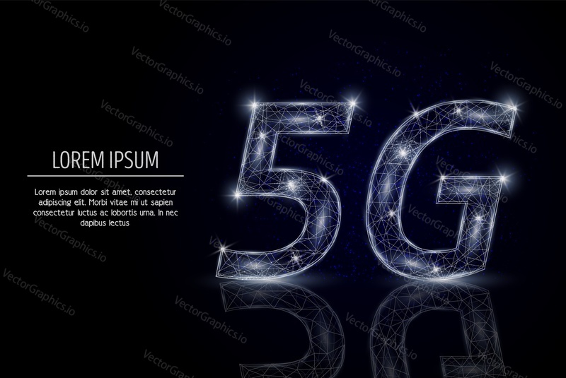 5G WiFi sign low poly wireframe mesh made of points, lines and shapes. Vector polygonal art style design. 5G wireless internet network connection poster banner template with copy space.