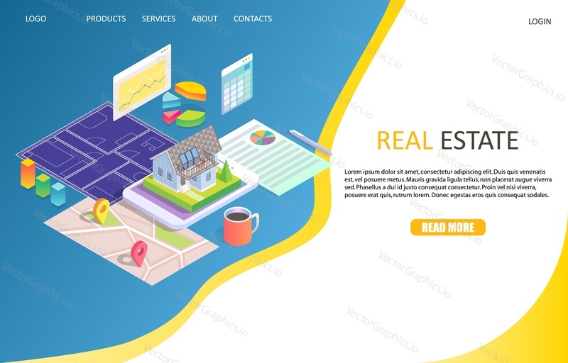Шаблон веб-сайта целевой страницы для бизнеса в сфере недвижимости. Векторная изометрическая иллюстрация. Концепция приложений для поиска домов и недвижимости.