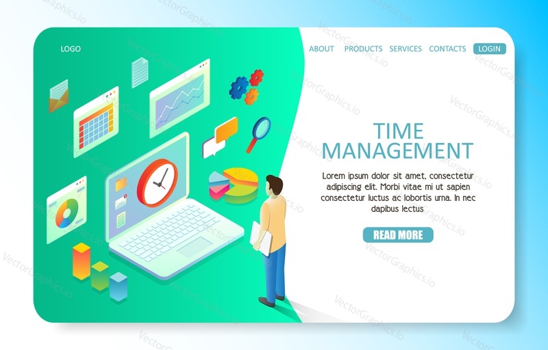 Time management landing page website template. Vector isometric laptop with clock, graphs and man planning his day in order to manage his time and achieve success.