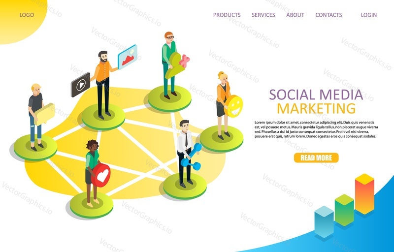 Social media marketing landing page website template. Vector isometric illustration. SMM or internet marketing campaign, website promotion concept.