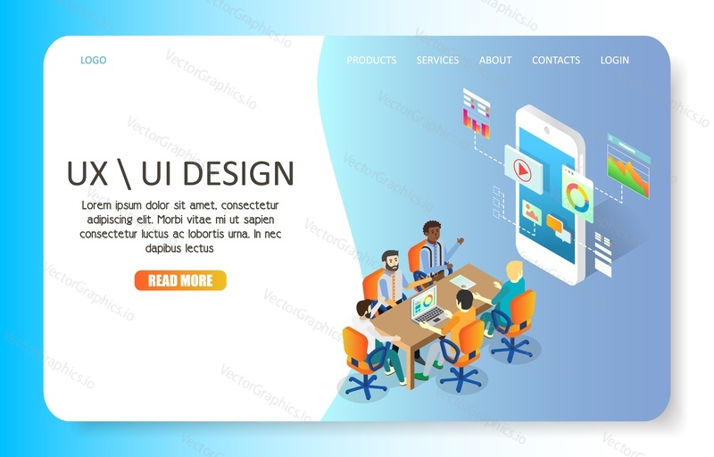 UX or UI design landing page website template. Vector isometric illustration. Mobile application user interface development concept.