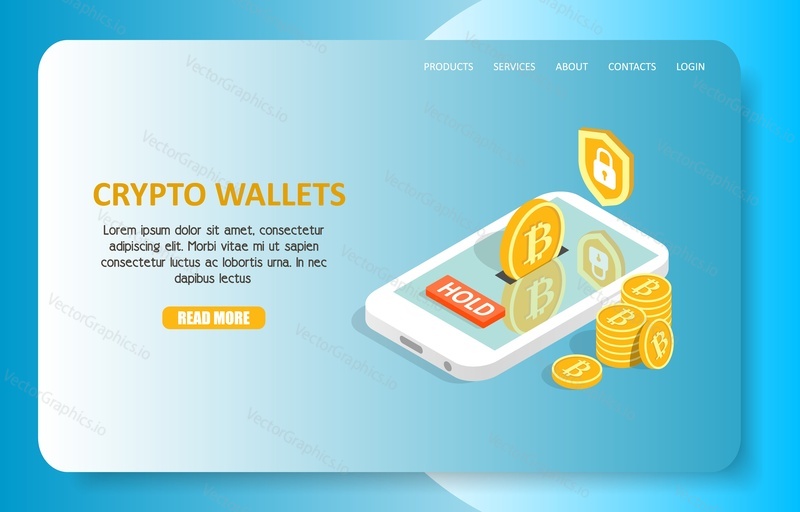 Crypto wallets landing page website template. Vector isometric smartphone with bitcoins, shield security symbol. Online crypto wallets concept.