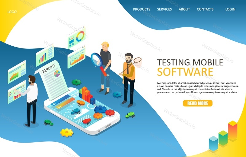 Testing mobile software landing page website template. Vector isometric illustration. Mobile application testing concept.