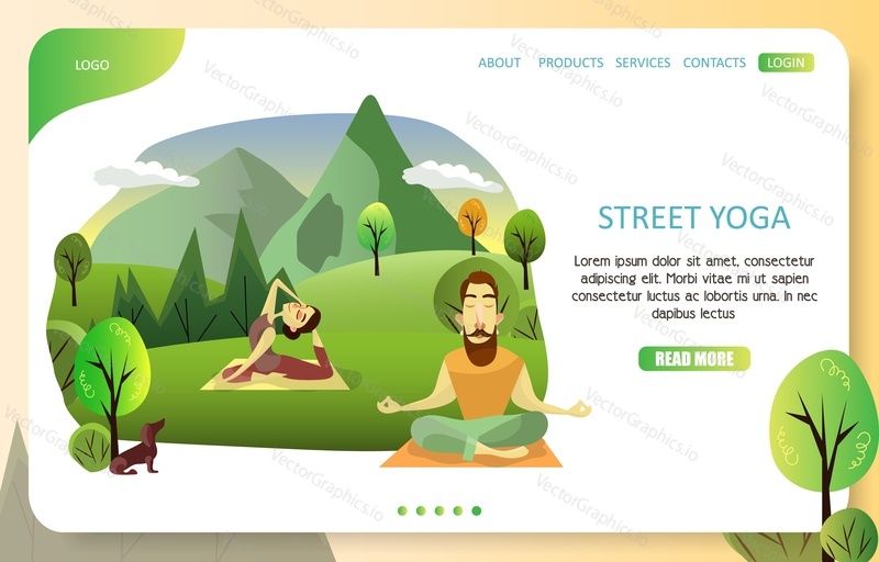 Street yoga landing page website template. Vector illustration of couple doing yoga asana, meditating in park. Outdoors yoga training concept.