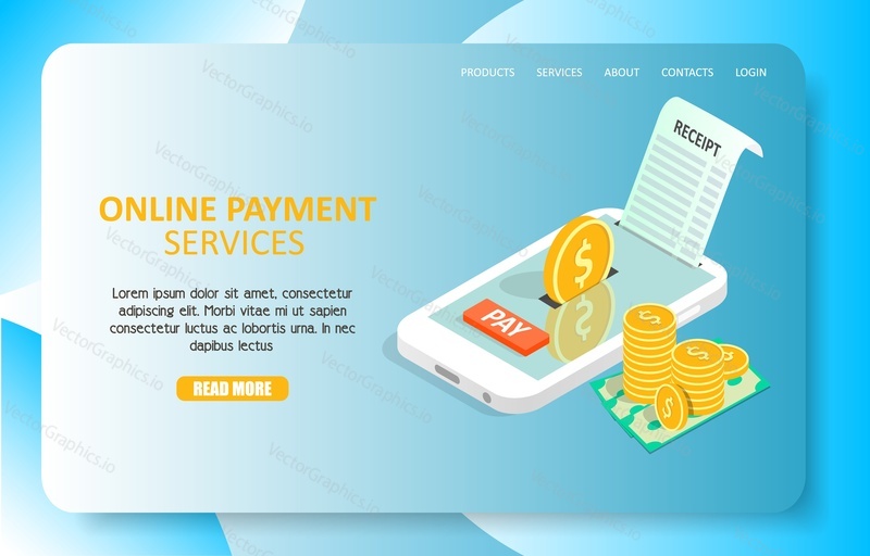 Шаблон веб-сайта целевой страницы онлайн-платежных сервисов. Векторная изометрическая иллюстрация смартфона с долларовыми монетами и бумажной квитанцией. Интернет-платежи, концепция онлайн-банка.