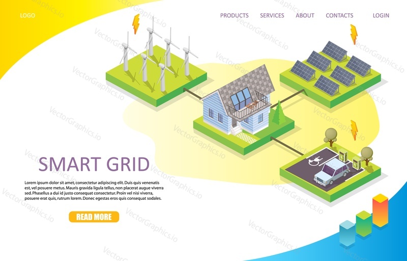 Smart grid network landing page website template. Vector isometric illustration. Wind and solar power renewable energy, smart grid technology concept.