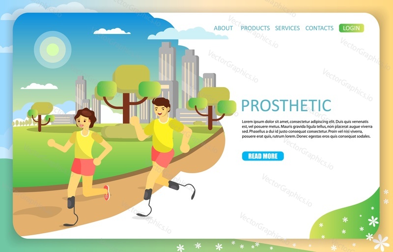 Sports prosthetic landing page website template. Vector illustration of handicap runners man and woman running on artificial sports feet blades. Paralympic athletes with prostheses.