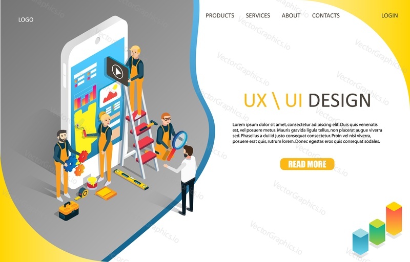 UX or UI design landing page website template. Vector isometric illustration. Mobile app user interface development concept.