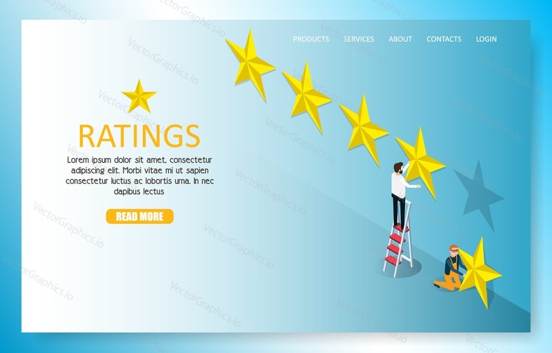 Star rating landing page website template. Vector isometric illustration. Customer review, positive feedback concept.