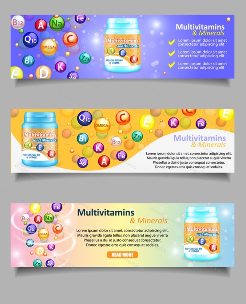 Vector set of essential vitamin and mineral complex banners. Multivitamin and minerals web banners. Dietary supplement and healthy lifestyle.
