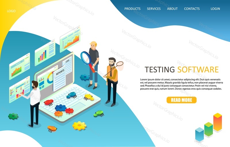 Testing software landing page website template. Vector isometric illustration. Software development and testing process.
