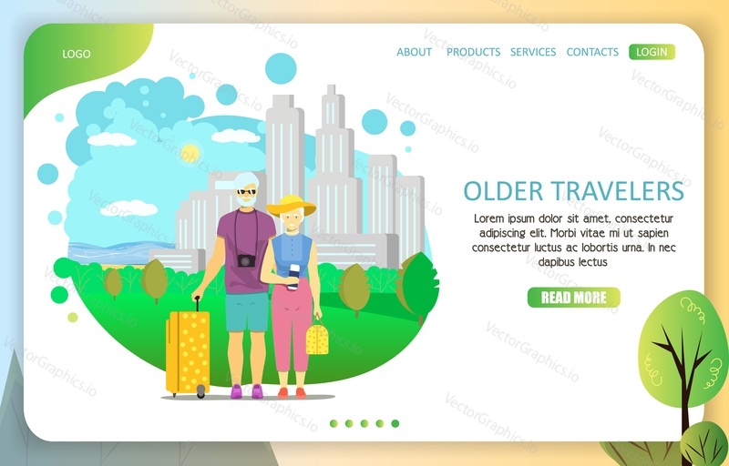 Шаблон веб-сайта целевой страницы для пожилых путешественников. Векторная иллюстрация пожилой пары с багажом, фотоаппаратом, билетами. Пожилые мужчина и женщина, путешествующие вместе.