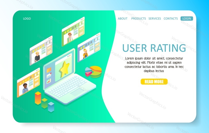 User rating landing page website template. Vector isometric illustration of computer with customer review messages.