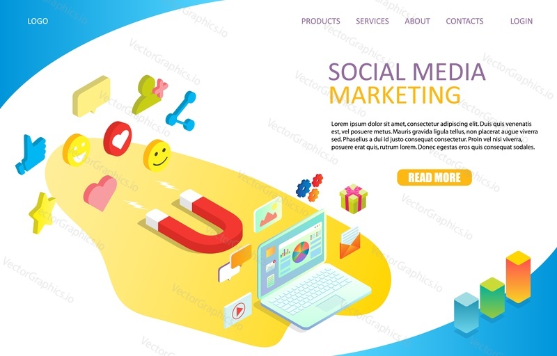 Social media marketing landing page website template. Vector isometric illustration. Smm strategy concept for digital marketing, social campaign.