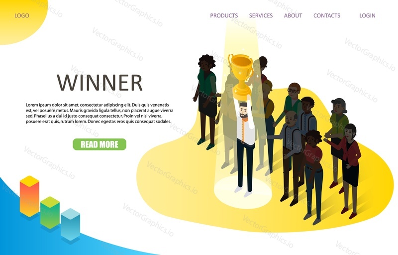 Winner landing page website template. Vector isometric business team and successful winner with cup trophy. Business success concept.