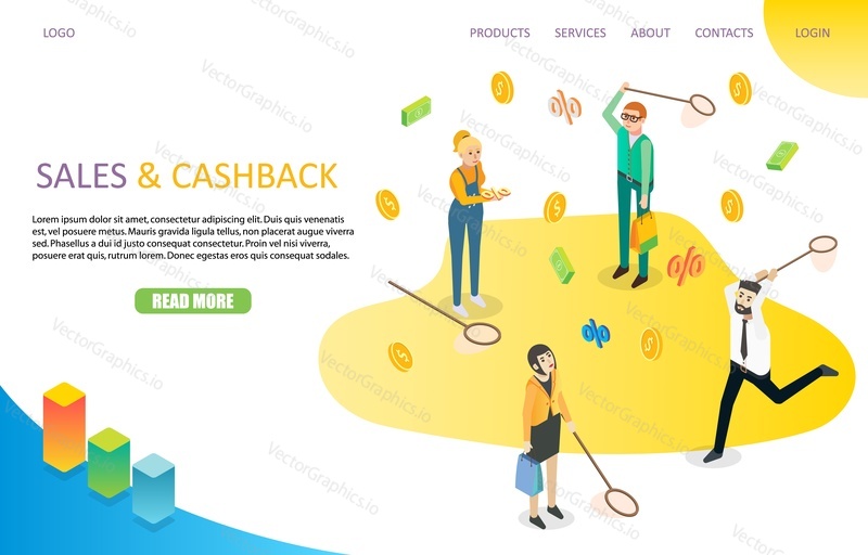 Sales and cashback landing page website vector template. Vector isometric illustration. Cashback, loyalty program or money refund concept.