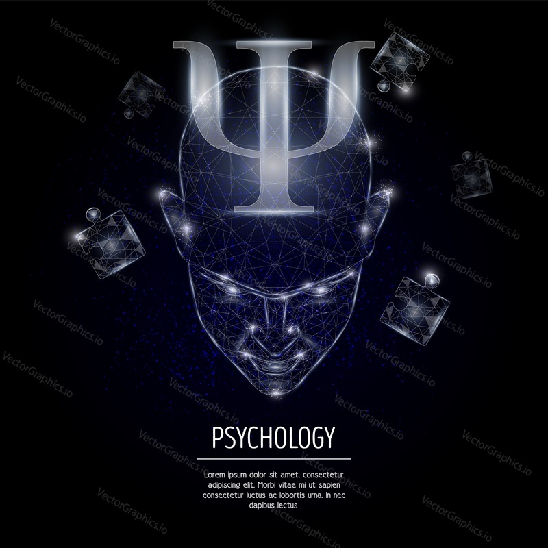 Человеческая голова с греческой буквой psi, символом психологии, низкополигональная каркасная сетка, состоящая из точек, линий и форм. Векторная многоугольная иллюстрация в художественном стиле. Шаблон баннера психологического плаката.
