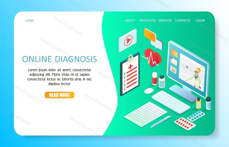 Online diagnosis landing page website template. Vector isometric illustration. Online doctor medical consultation and support concept.