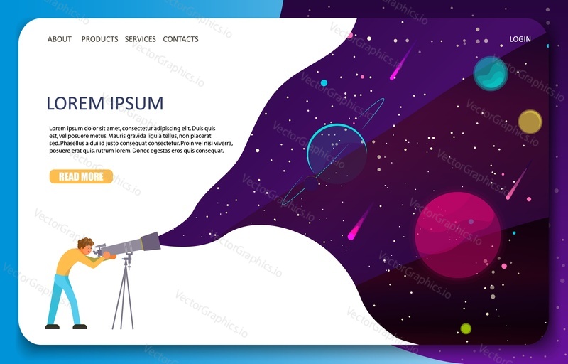 Space web banner template. Vector illustration of man seeing stars, planets using optical telescope. Astronomy science concept.