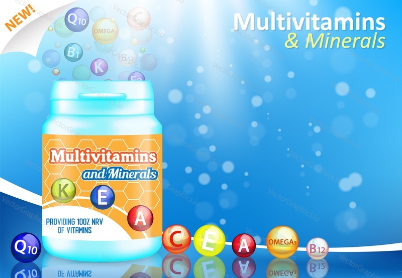 Vitamin and mineral complex advertising poster banner template. Multivitamin plastic bottle and vitamin pills. Dietary supplement with vitamins and minerals ads.