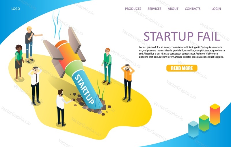 Startup fail landing page website template. Vector isometric illustration. Business failure, rocket crash concept.