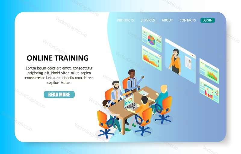 Online training landing page website template. Vector isometric illustration. Online webinar, e-learning, distance education, video tutorials concept.