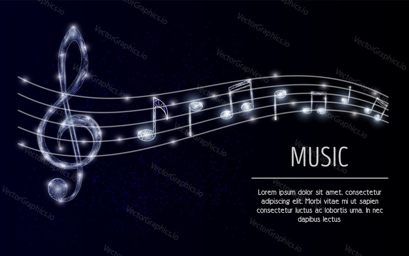 Vector polygonal art style treble clef with musical notes. Low poly wireframe mesh with scattered particles and light effects on dark blue background. Music poster banner template with copy space.
