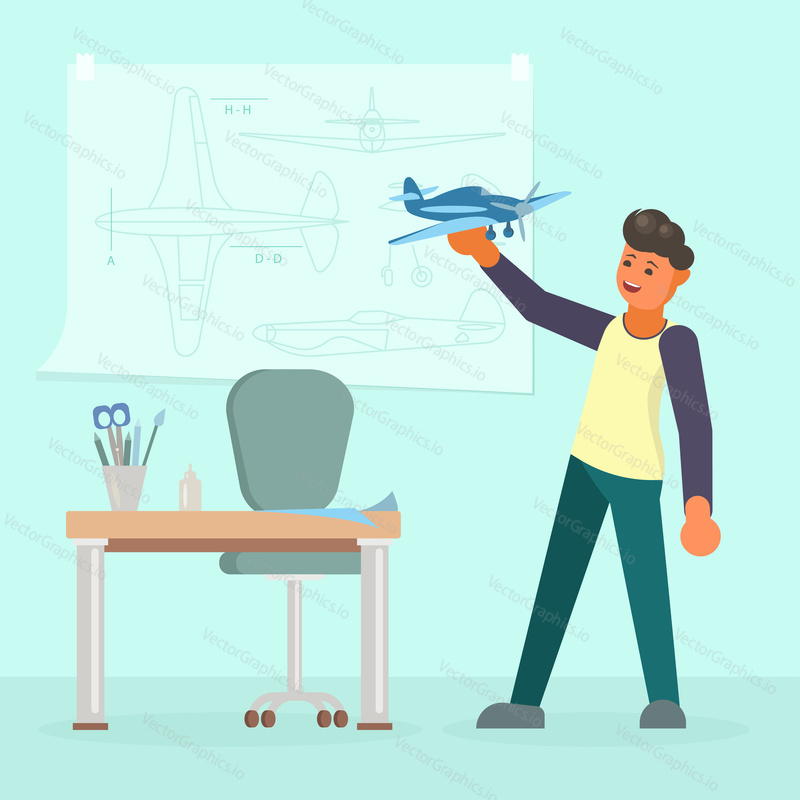 Young man holding model of airplane. Vector illustration in flat style. Scale model building, model aircraft hobby concept design element.