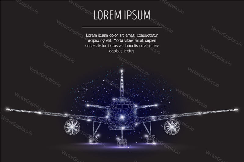 Vector polygonal art style airliner. Airplane low poly wireframe mesh with scattered particles and light effects on dark blue background. Card poster banner design template with copy space.