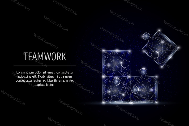 Vector polygonal art style puzzles. Low poly wireframe mesh with scattered particles and light effects on dark blue background. Teamwork business concept poster banner template with copy space.