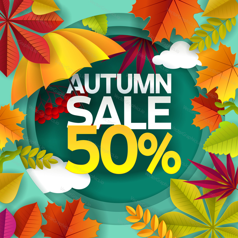Seasonal autumn sale poster banner design template. Vector paper cut autumn frame with leaves, umbrella, clouds and lettering.