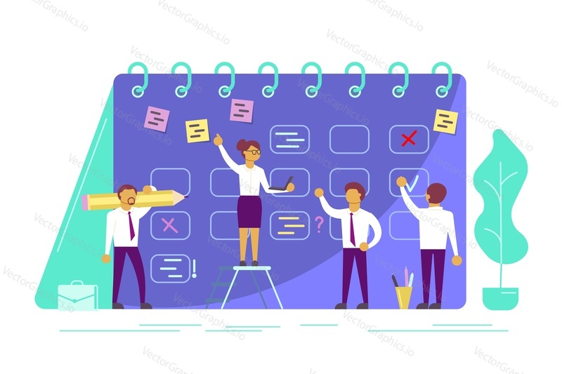 Planning schedule concept vector illustration. Business team characters developing plan to meet business goals. Flat style design.