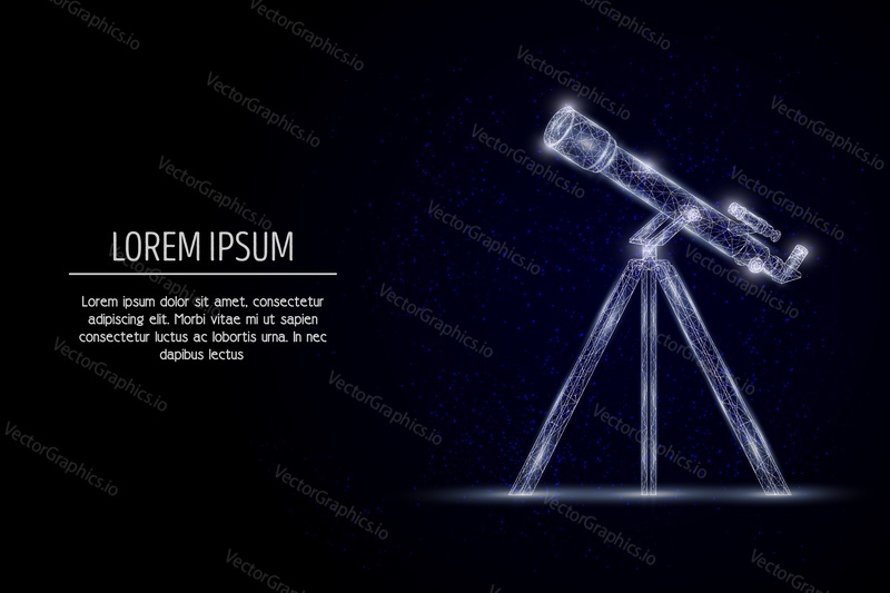 Telescope low poly wireframe mesh made of points, lines and shapes. Vector polygonal art style design. Science poster banner template with copy space.