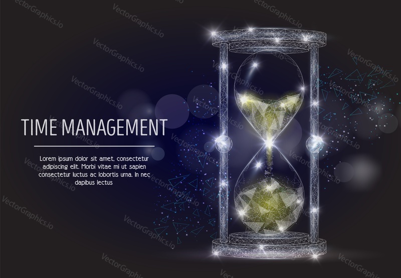 Vector polygonal art style hourglass. Sandglass low poly wireframe mesh with scattered particles and light effects on dark blue background. Time management poster banner template with copy space.