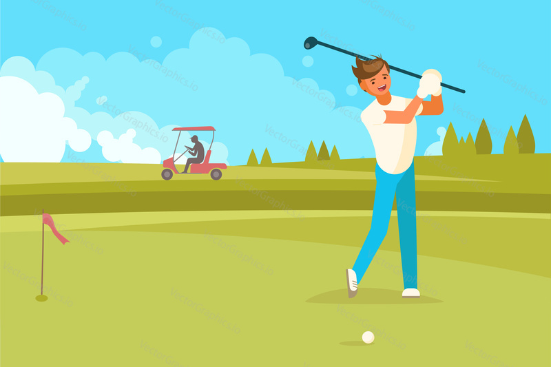 Happy young man playing golf. Vector illustration in flat style. Sport hobby concept design element.
