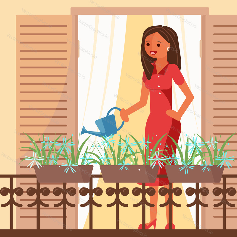 Young woman watering flowers on balcony. Vector illustration in flat style. Flower gardening hobby concept design element.