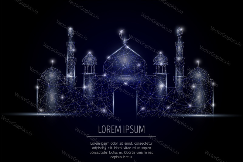 Vector polygonal art style islamic mosque. Low poly wireframe mesh with scattered particles and light effects on dark blue background. Greeting card poster banner template with copy space.