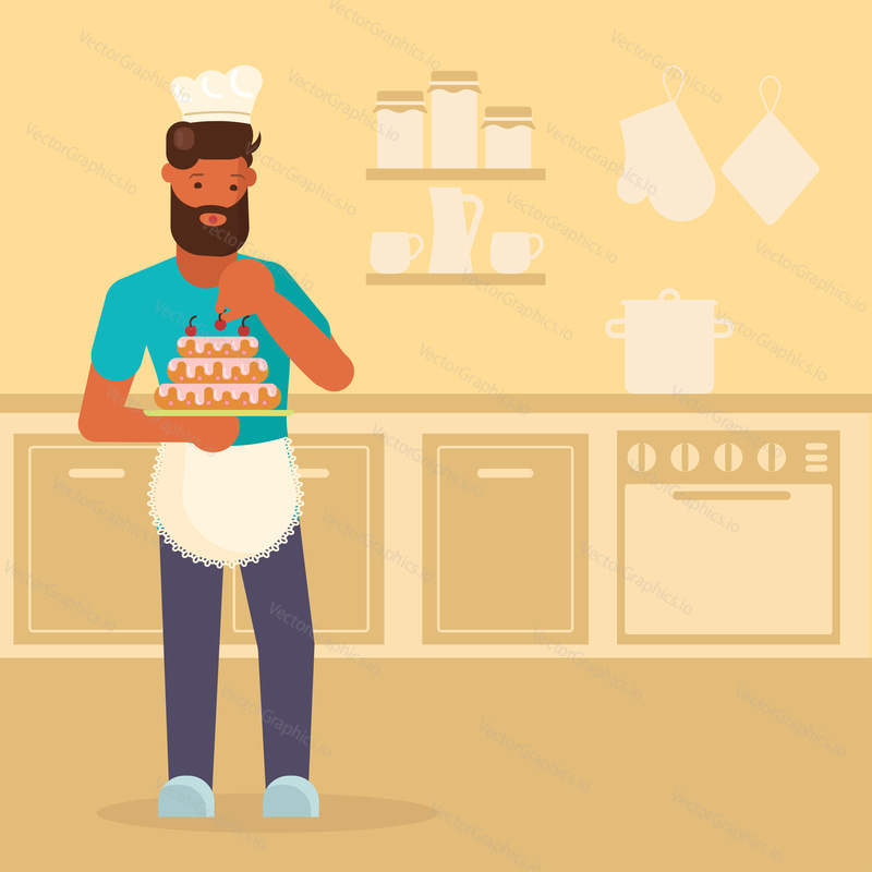Bearded man holding three layer cake with cherries in kitchen. Vector illustration in flat style. Cake making and decorating hobby concept design element.