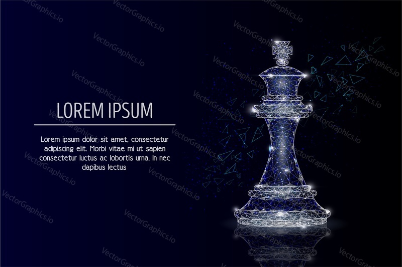 Vector polygonal art style king chess piece. Low poly wireframe mesh with scattered particles and light effects on dark blue background. Poster banner design template with copy space.