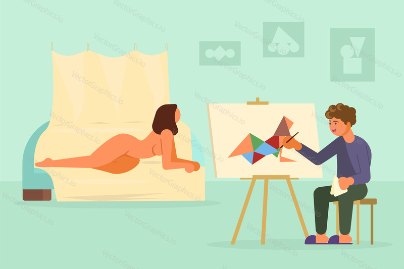 Young man painter artist cubist drawing from nude model. Vector illustration in flat style. Hobby and painting art concept design element.
