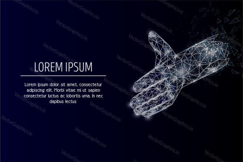 Vector polygonal art style human hand. Low poly wireframe mesh with scattered particles and light effects on dark blue background. Helping hand concept poster banner design template with copy space.