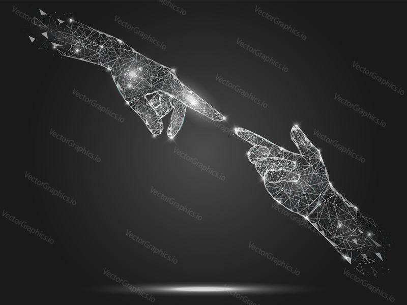 Vector polygonal art style human touching hands. Low poly wireframe mesh with scattered particles and light effects on grey background. Poster banner design template.