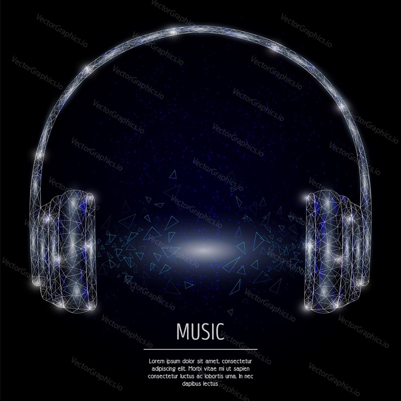 Vector polygonal art style headphones. Low poly wireframe mesh with scattered particles and light effects on dark blue background. Music concept poster banner design template with copy space.