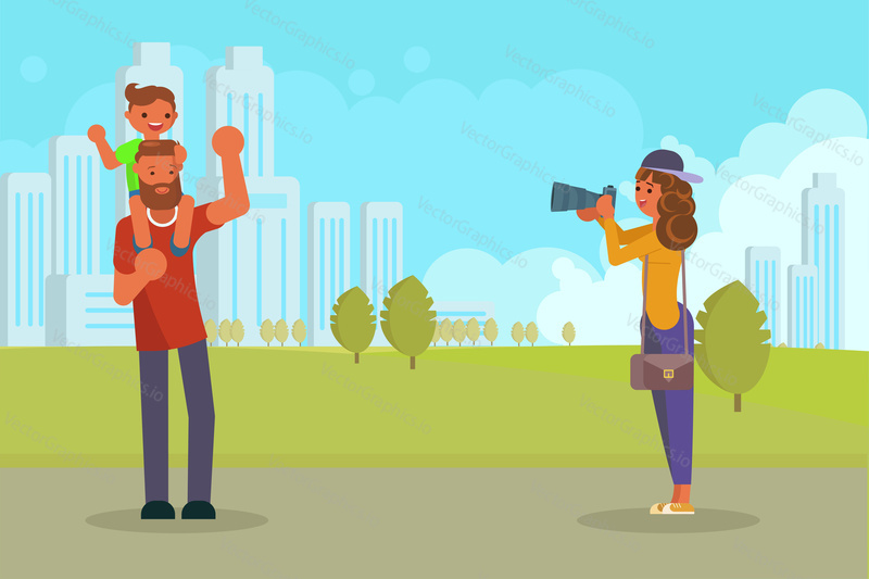 Happy family taking rest in park. Woman taking photo of her husband and son sitting on his fathers shoulders. Vector illustration in flat style. Photography hobby concept design element.