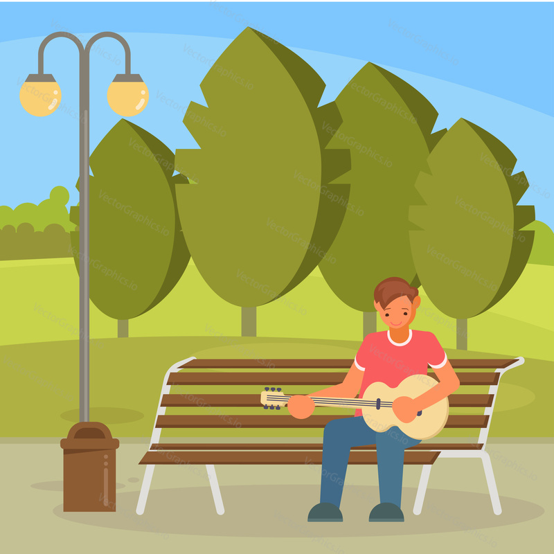 Street musician playing guitar while sitting on bench in city park. Vector illustration in flat style. Music hobby concept design element.