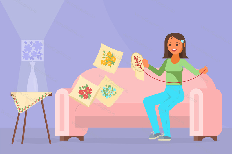Young girl embroidering while sitting on sofa. Vector illustration in flat style. Craft hobby and needlework concept design element.