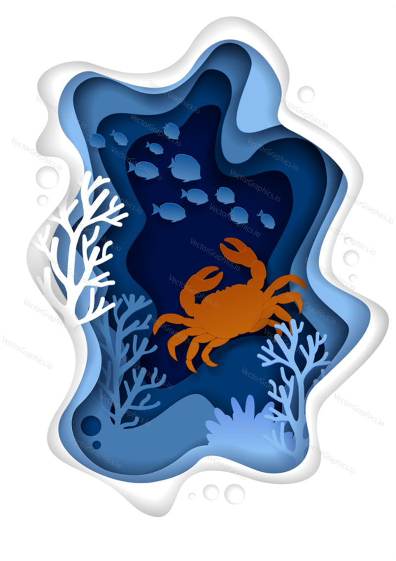 Vector paper cut underwater sea cave with coral reef fish seaweed and crab. The beauty of underwater world poster banner design template.