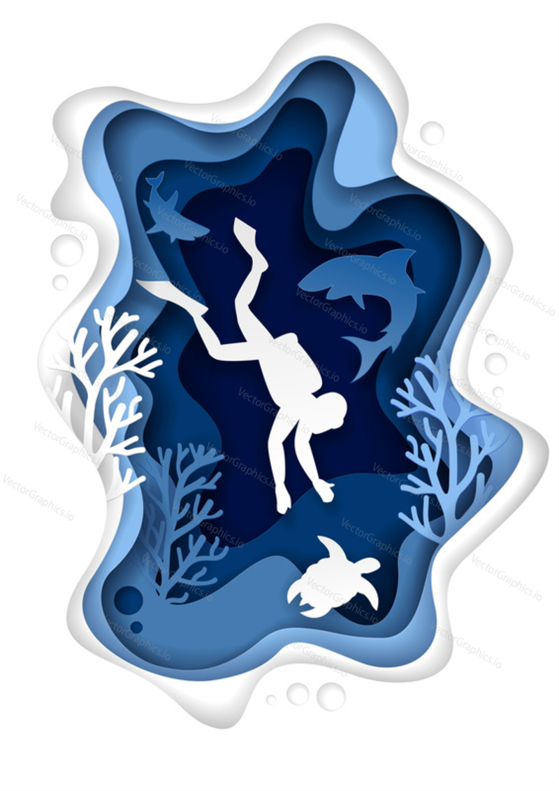 Vector paper cut underwater sea cave with coral reef fish seaweed and diver swimming with sea turtle and sharks. Underwater world landscape. Scuba diving poster banner design template.