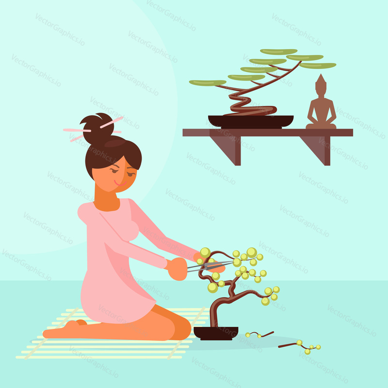 Young girl trimming bonsai tree. Vector illustration in flat style. Gardening, caring for bonsai plants hobby concept design element.